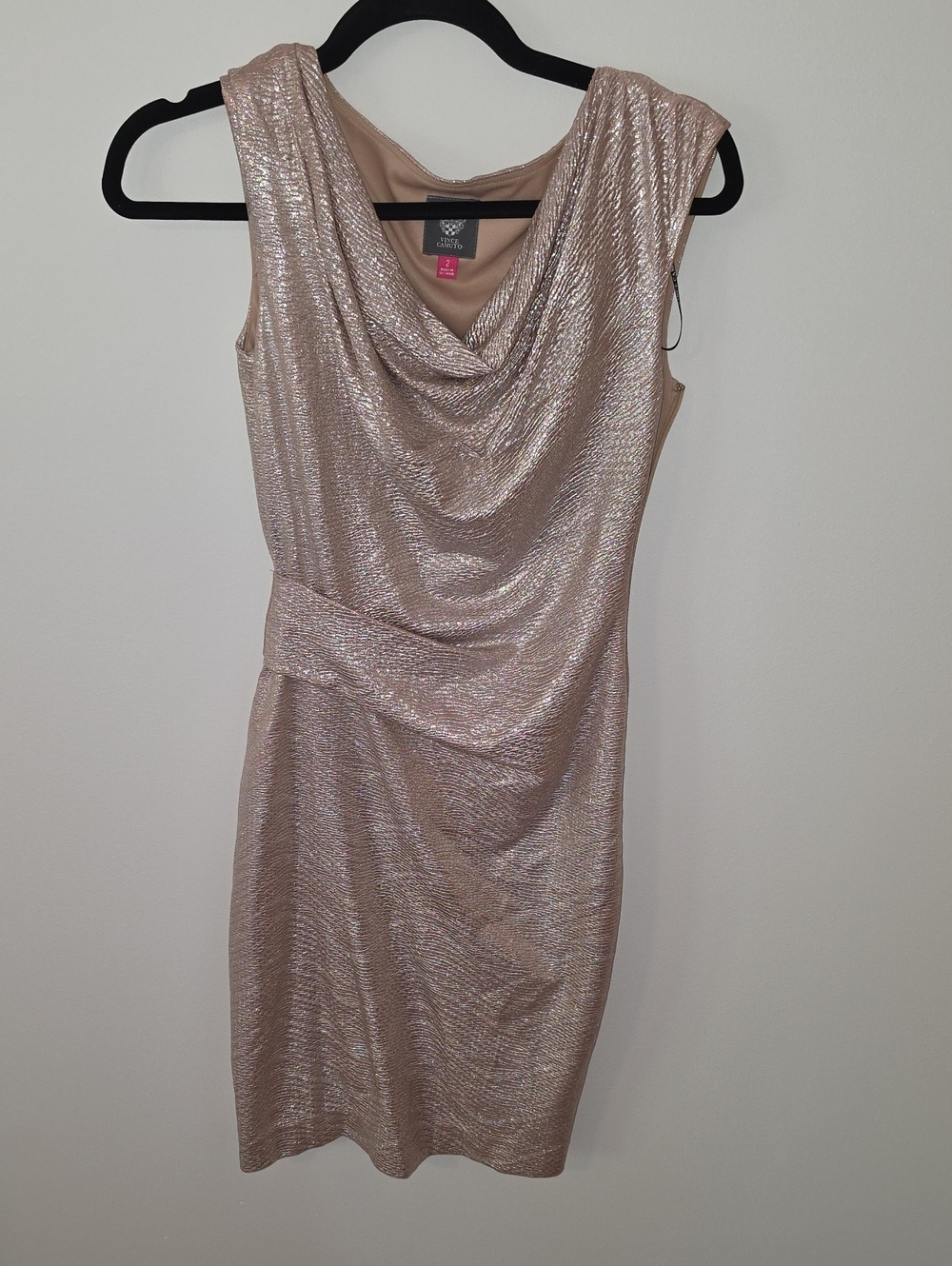 Vince Camuto Metallic Rose Gold Cowl Neck Midi Dress